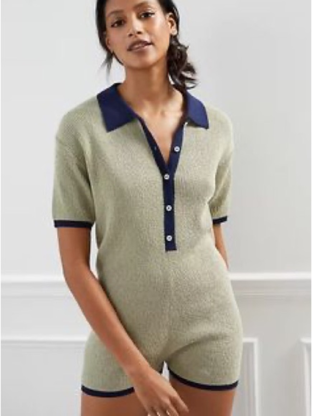 Anthropologie Olive Green Knit Polo Romper with Navy Trim